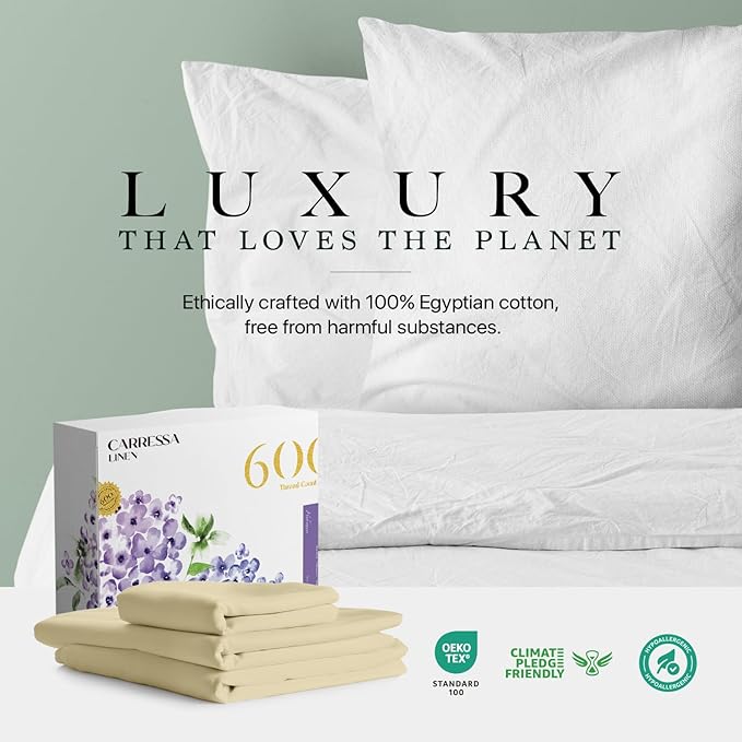 Carressa Linen 100% Egyptian Cotton Twin Sheets Set - 600 Thread Count Egyptian Cotton Luxury Twin Sheets (3 PC, Beach Sand), 16" Deep Pocket, Soft, Cooling, Sateen Weave College Dorm Room Bedding