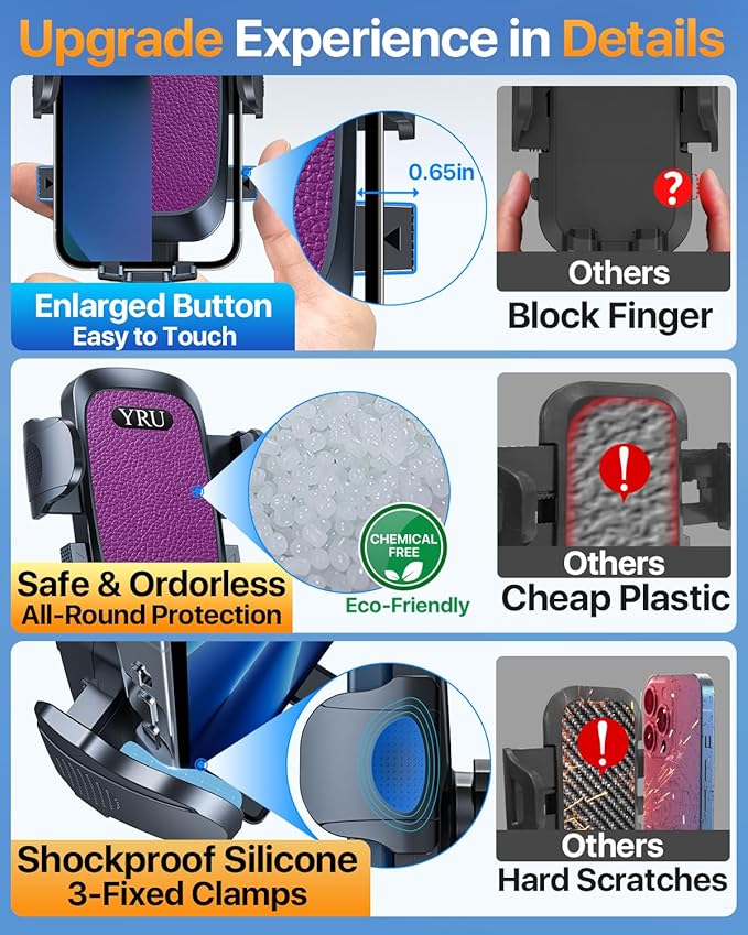 [2025 Upgrade Extreme Strong Suction] YRU Car Phone Holder Mount,[Bumpy Road Stable]Dashboard Cell Phone Holder for Car Vent Windshield Phone Stand for iPhone 16 15 14 13 Pro Max Samsung Truck, Purple