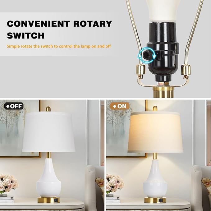Modern White Table Lamp, 24" Ceramic Table Lamp with USB A+C Ports,Classic Beside Lamps Nightstand Lamp Modern Lamp for Living Room, Bedroom & Office -LED Bulbs Included