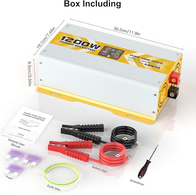 XWJNE 1200W Pure Sine Wave Power Inverter 12V DC to 120V GFCI AC Converter with LCD Display for Home, RV, Truck, Off-Grid Solar Power