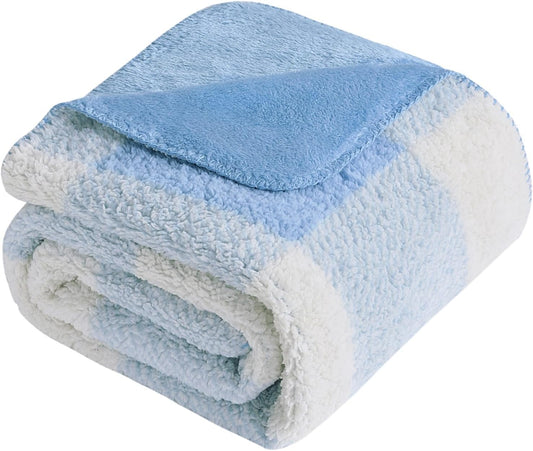 LURKA Checkered Sherpa Fleece Throw Blanket - Extra Thick and Warm Winter Soft Fuzzy Plush Blanket for Couches, Beds & Pets, Glacier, 50x60 Inches