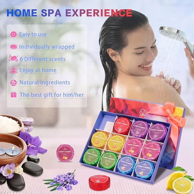 Shower Steamers Aromatherapy 12 Pack Shower Bombs with Natural Essential Oils, Home SPA Stress Relief Christmas Stocking Stuffers Birthday Gifts for Women Mom Men Self Care Relaxation