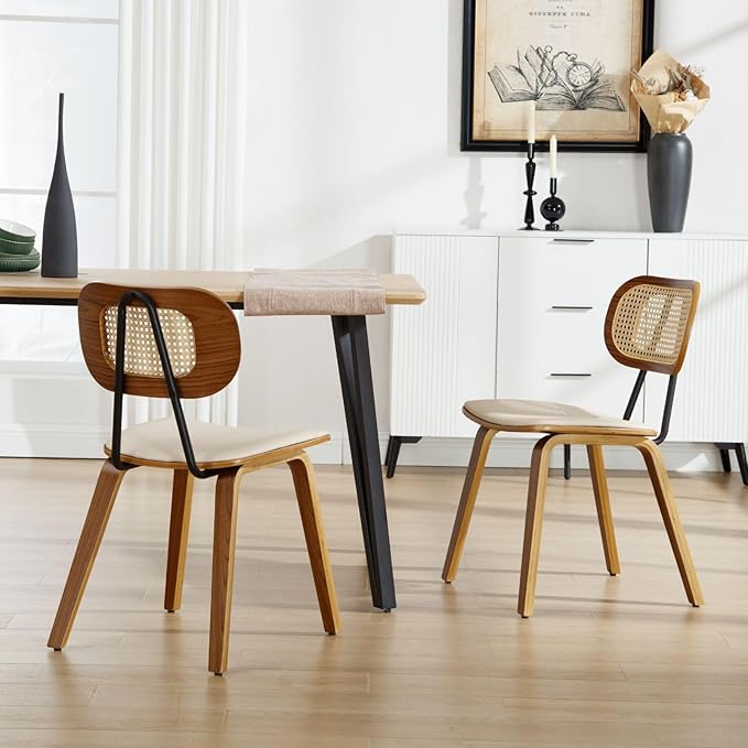 HEAH-YO Modern Dining Chairs Set of 4, Upholstered Faux Leather Dining Room Chairs with Rattan Backrest and Wood Legs, Armless Wood Kitchen Chairs for Dining Room, Beige
