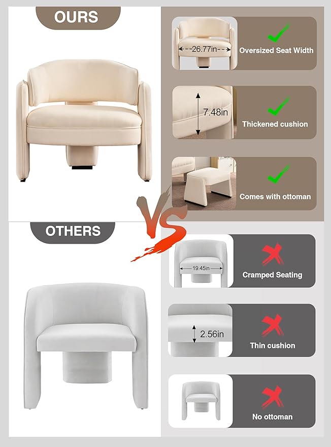 LOULENS Accent Chair with Ottoman, Oversized Barrel Chair, Modern Upholstered Comfy Armchair for Living Room, Bedroom, Reading Room & Corner, Beige