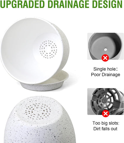 10/9/8 inch Medium Plant Pots, Set of 3 Modern Decorative Plastic Planters with Drainage Holes and Saucers for Garden House Plants, Flower Pots for Indoor Outdoor Plants, Speckled White