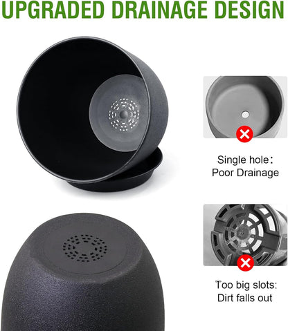 10/9/8 inch Medium Plant Pots, 3 Pack Modern Decorative Plastic Planters with Drainage Holes and Saucers, Flower Pots for Indoor Outdoor Plants, Black