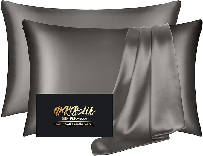Silk Pillowcase 2 Pack, Mulberry Silk Pillow Cases Queen Size Set of 2, Anti Acne Silk Pillowcase for Hair and Skin, Natural Silk Satin Pillowcases Gifts for Women Men 2 Pack with Zipper, Dark Gray