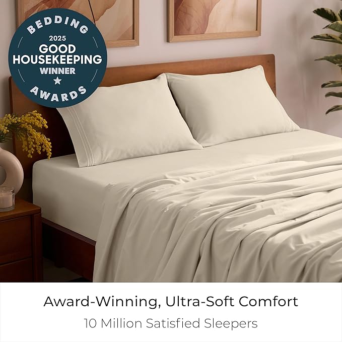 Mellanni Twin Sheet Set - 4-Piece Iconic Collection Bedding, (Including 2 Pillowcases), 16-Inch Deep Pocket, Easy Care, Extra Soft, Cooling Sheets, Brushed Microfiber - Beige