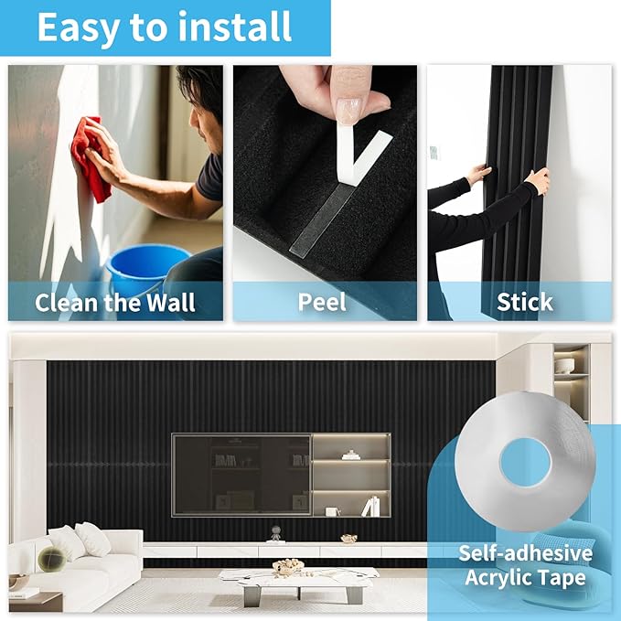 Art3d 10-Pack Peel and Stick Acoustic Panels with Acrylic Tape - 12 x 48 inches, Self Adhesive Sound Absorbing Polyester Wall Panels for Home Office Studio, Black