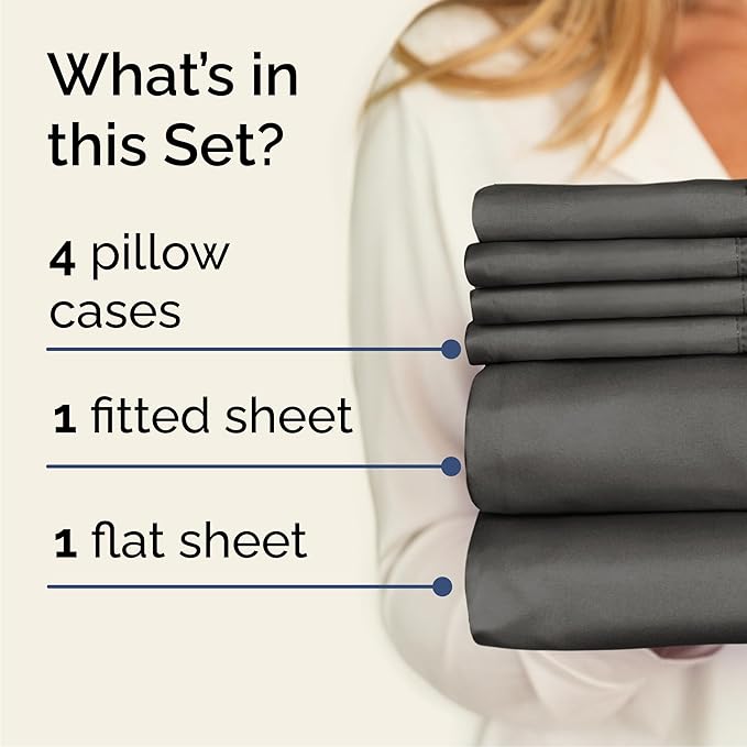 Queen 6 Piece Sheet Set - Cooling, Comfy & Breathable - Hotel Luxury Bedding, Includes Fitted Sheet for Women, Men, Kids & Teens - 1 Flat, 1 Fitted Sheet, 4 Pillowcases with Deep Pockets - Charcoal