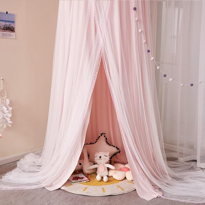 Kertnic 31.5inch Large Dome Bed Canopy for Girls, Double Layer Dreamy Ruffle Princess Canopy, Bedroom Hanging Tent Kids Reading Nook Canopies,Full Queen Bed Canopy Curtain (Beige Pink)