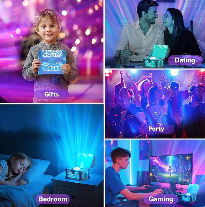 Treasure Box Northern Lights Projector, Galaxy Aurora Night Light Projector with 8 Colors, White Noises, Timer & Remote Control, Ceiling Projection Ambient Lighting for Bedroom Gaming Room Gifts, Blue