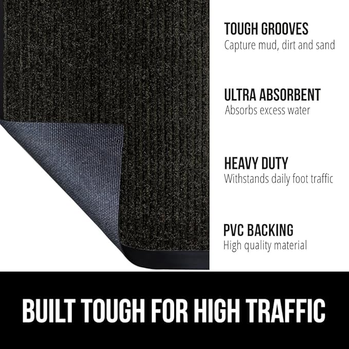 GORILLA GRIP Waterproof Traffic Guard Door Mat, 70x24, Heavy Duty Entryway Mats, Strong Rubber Back Commercial Utility Rugs for Office Hallway, Garage Floor and Home, Low Profile Carpet Runner, Black