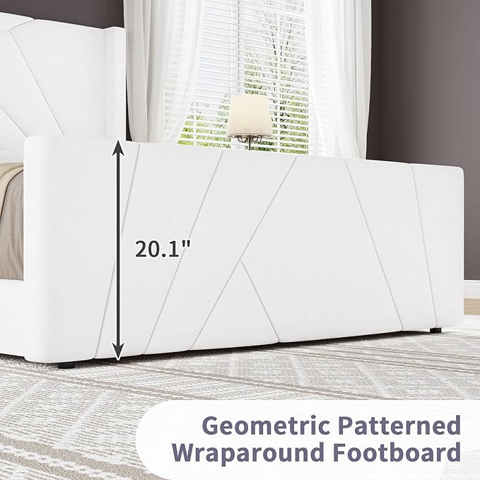 BarnFurin Queen Size Bed Frame, Velvet Upholstered Platform Bed with Geometric Tufted Headboard & Footboard, Wingback Design, Mattress Foundation with Wooden Slats, Cream White