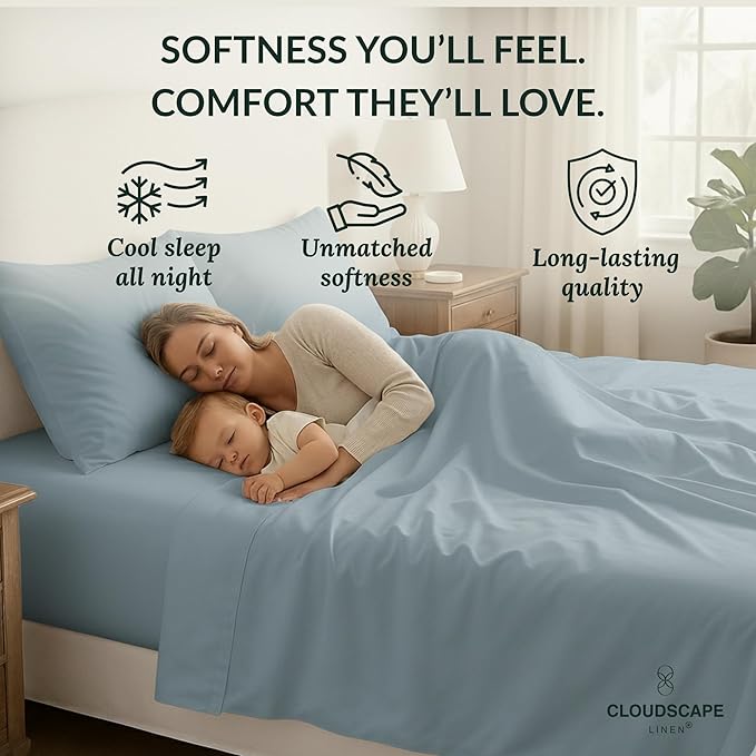 Cloud Scape Linen 100% Egyptian Cotton Sheets for Queen Size Bed, 400 Thread Count, 4 Pieces Bedding Set, Hotel Quality, Silky Soft, Deep Pockets up to 17”, French Blue