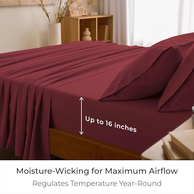 Mellanni Queen Sheet Set - 6-Piece Iconic Collection Bedding, (Including 4 Pillowcases), 16-Inch Deep Pocket, Easy Care, Extra Soft, Cooling Sheets, Brushed Microfiber - Brick Red