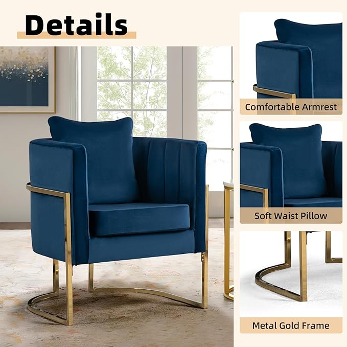 Velvet Modern Accent Chair, Upholstered Barrel Armchair Mid Century with Pillow for Living Room, Comfy Single Vanity Chair with Metal Gold Legs for Bedroom, Blue