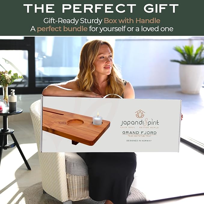 Grand Fjord Teak Bathtub Tray for Large Soaking Tub – Extra Long 35” Luxury Bath Tray for Freestanding Tubs with Candle Holders, Tealight Jars & Premium Towel by JapandiSpirit