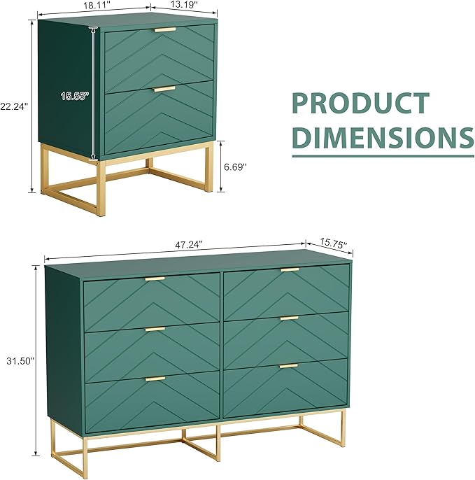 Anbuy 3 Pieces Bedroom Sets, 6 Drawer Dresser and Nightstand Sets for Bedroom, Night Stand Set of 2 & 6 Drawer Dresser with Gold Handles, Morden Wood Chest of Drawers Storage Cabinet Set, Green