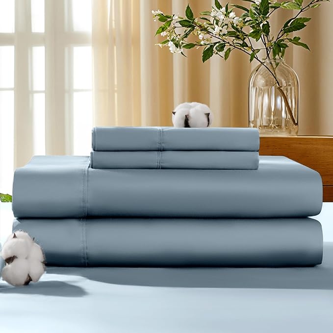LBRO2M 100% Cotton Sheets Set Deep Pocket 19", 1000 Thread Count Queen Size 4 Piece Bed Sheet Sets Soft Comfortable Bedding All Season (Queen, French Blue)