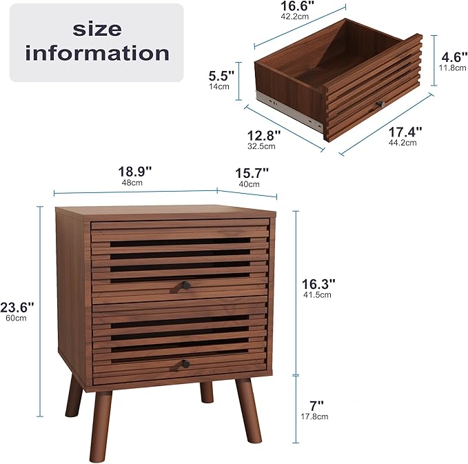 Nightstand Set of 2, Side Table, End Table, Mid Century Modern Nightstand with Hollowed Drawers, Bedside Tables, Small Nightstands with Storage for Bedroom, Walnut