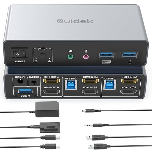 HDMI KVM Switch 2 Monitors 2 Computers, Dual Monitor KVM USB Switcher 4K@60Hz, HDMI Extended/Mirror Display for 2 PC Share 2 Monitors, with 3 USB 3.0 Port, Desktop Controller and 2 USB Cables
