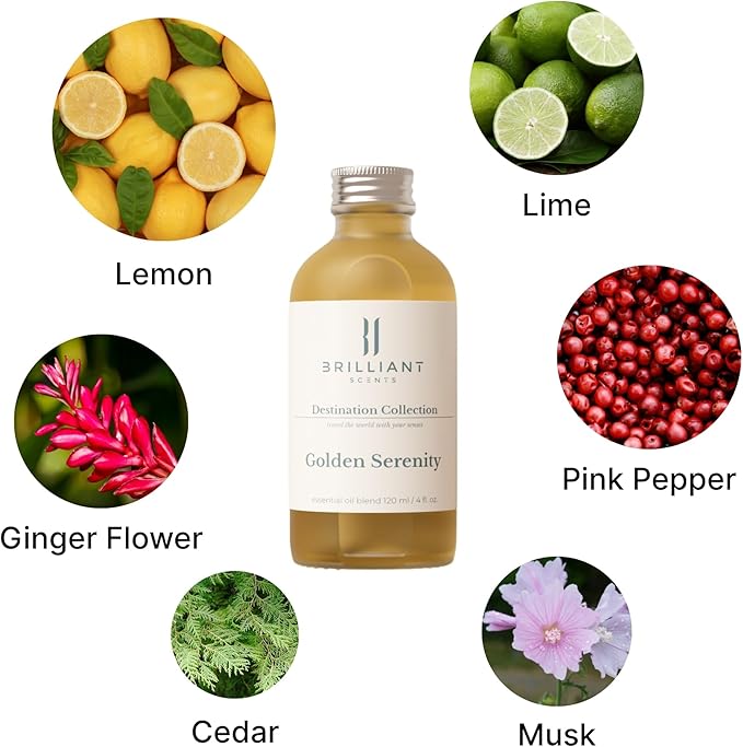 Brilliant Scents Golden Serenity Fragrance Oil 120ml - Premium Diffuser Oil for Home, Office, Hotels - Long Lasting, Plant-Based, Meets IFRA Standards, USA-Made - Mandarin, Tea Rose, Musk