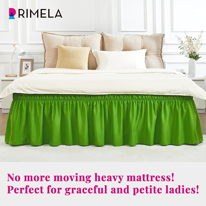 RIMELA Green Bed Skirt Queen Size 15 Inch Drop, Elastic Bed Skirting for Bed Base and Frame, Bedding Dust Ruffle Easy to Install, Lightweight Wrap Around Adjustable Bedskirt