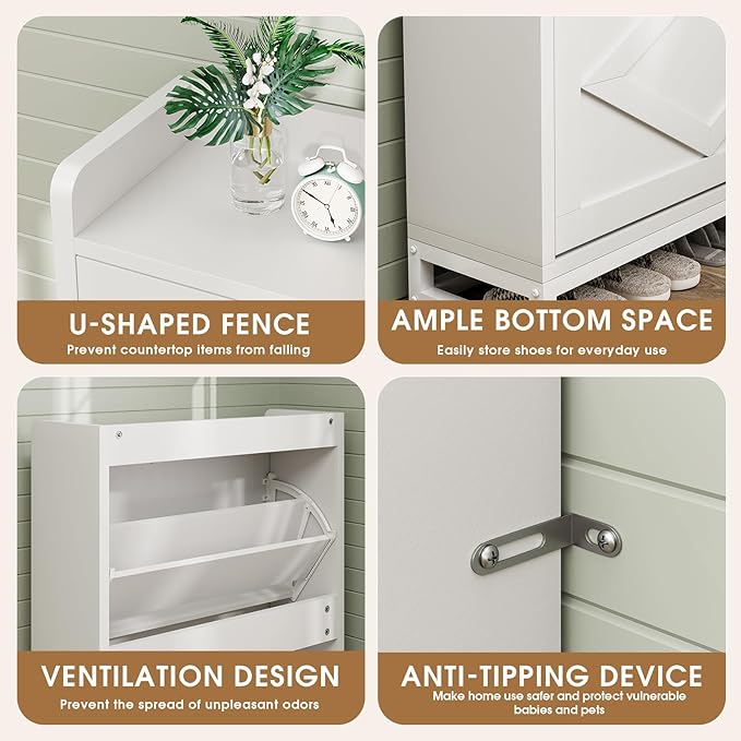 Shoe Cabinet, Shoe Storage Cabinet with 2 Flip Drawers & Adjustable Shelf, Space-Saving Shoe Organizer – Holds 12+ Pairs, Narrow Shoe Cabinet Storage for Entryway/Hallway（White）