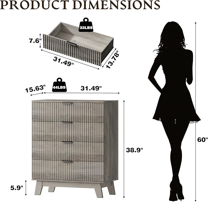 39" Tall Dresser for Bedroom, 4-Drawer Fluted Chest of Drawers, Modern Wood Highboy with Deep Storage, Metal Slides & Handles, Anti-Tip Kit, Vertical Clothes Organizer for Apartment, Nursery