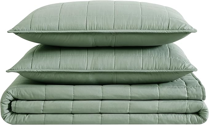 London Fog Garment Washed Solid Quilt Set Green Microfiber 2-Piece Twin Quilt Set, Solid Themed, Adult and Teen, Oeko-TEX Certified