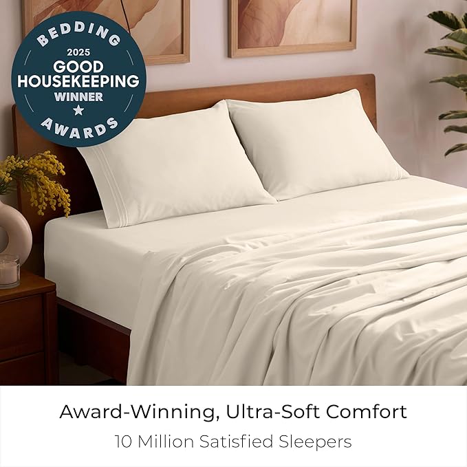 Mellanni Twin XL Sheet Set - 4-Piece Iconic Collection Bedding, (Including 2 Pillowcases), 16-Inch Deep Pocket, Easy Care, Extra Soft, Cooling Sheets, Brushed Microfiber - Golden Ivory