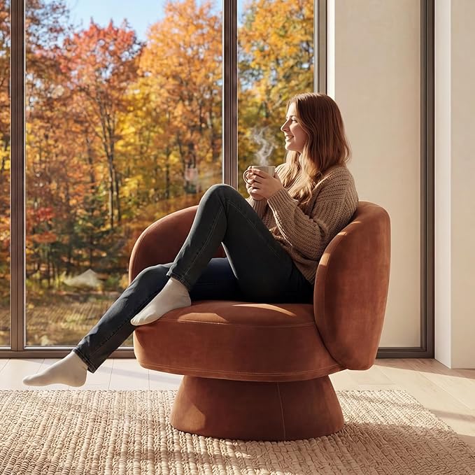 Swivel Accent Chair, Modern 360 Degree Swivel Barrel Chair with Arms & Curved Back and Lumbar Support Cushion, Comfy Round Single Sofa for Small Space, Living Room, Bedroom, Dark Rust Rayon