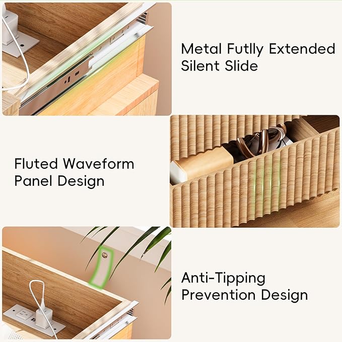 Nightstands Set of 2 with Charging Station & LED Lights, Modern Small Fluted Bedside & End Tables with 3 Drawers, Sliding Top & Hidden Storage, Wooden Farmhouse Night Stand for Bedroom, Natural Oak