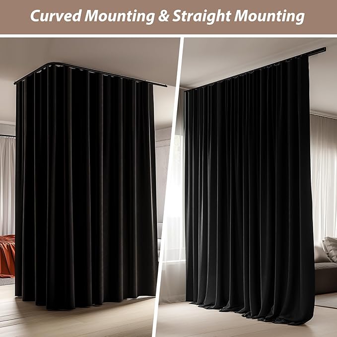 Room Divider Curtains with Ceiling Curtain Track Set Window Curtain for Bedroom,Living Room Total Blackout Thermal Insulated Privacy Ceiling Track Curtain W 6 × H 6 FT Black drape&Black track