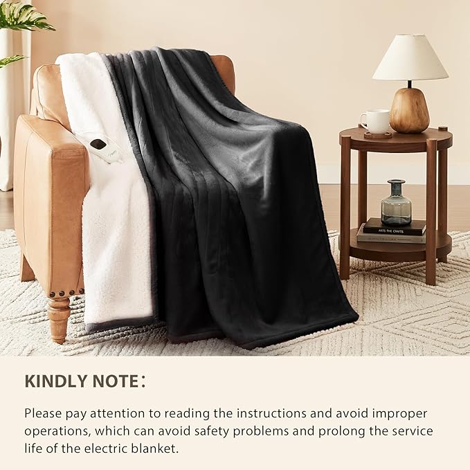 Homemate Electric Heated Blanket Queen Size - 84"x90" Heating Blanket Queen Size Dual Control 1/2/4/6/8 Hours Auto-Off 10 Heat Level Over-Heat Protection Flannel Sherpa ETL Certification