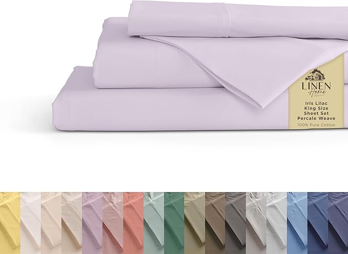 Linen Home 100% Cotton Percale Sheets King Size, Iris Lilac, Deep Pocket, 4 Pieces Set - 1 Flat, 1 Deep Pocket Fitted Sheet and 2 Pillowcases, Crisp Cool and Strong Bed Linen