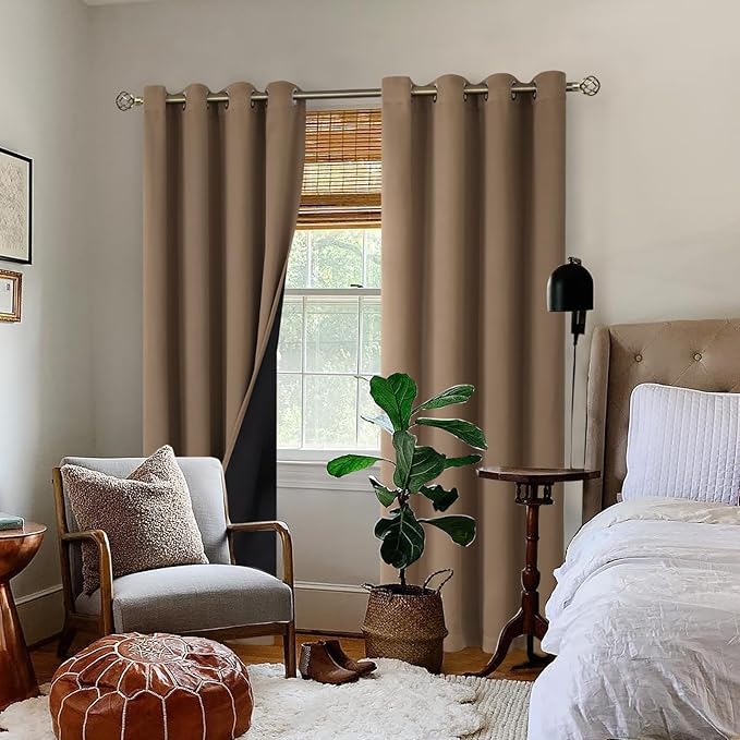 BGment Thermal Insulated 100% Blackout Curtains for Bedroom with Black Liner, Double Layer Full Room Darkening Noise Reducing Grommet Curtain (52 x 90 Inch, Taupe, 2 Panels)