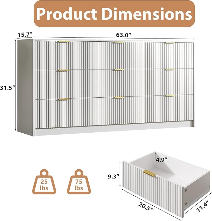 White 9 Drawer Dresser for Bedroom, 63" Wide Modern Fluted Dresser with Gold Metal Handles, Chest of Drawers for Bedroom, Living Room, Entryway, Hallway