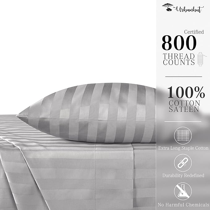 URBANHUT 800 Thread Count 100% Cotton Damask Twin Size Sheets, 4 Piece Striped Twin Size Bedsheets, Luxury Hotel Sheets Sateen Weave - Better Than Egyptian, 14" Elasticized Deep Pocket- Silver Grey