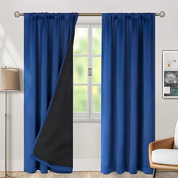 BGment Thermal Insulated 100% Blackout Curtains for Bedroom with Black Liner, Double Layer Full Room Darkening Noise Reducing Rod Pocket Curtain (42 x 72 Inch, Royal Blue, 2 Panels)