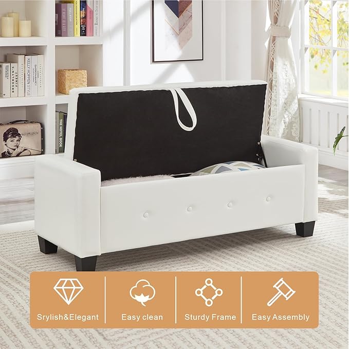 48” Storage Ottoman Bench, Upholstered Button-Tufted End of Bed Bench with Soft-Close Hinge & Solid Wood Legs, Foot Rest for Living Room, Bedroom, Hallway (Faux Leather, White)