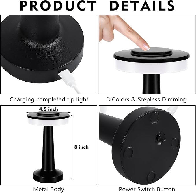 VIHOSE Cordless Table Lamps LED Portable Rechargeable Table Lamp with Touch Sensor 3 Color Dimming up to 15 Hours Battery Desk Light for Restaurant Nursery Living Room(Black,8 Pcs)
