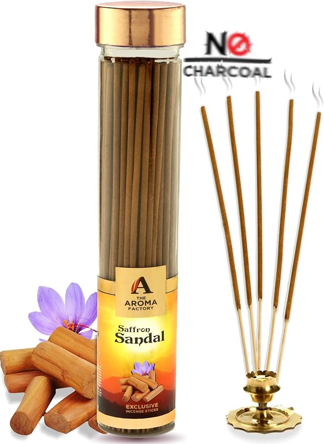 The Aroma Factory Kesar Chandan Agarbatti for Pooja, Luxury Incense Sticks, Low Smoke and Zero Charcoal, Meditation (Bottle Pack of 1, 100 Gram) 4 Cm X 4 Cm X 26 Cm Multicolour