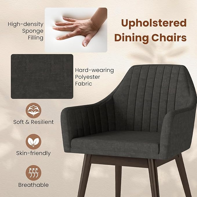 Giantex Upholstered Dining Chairs Set of 2, Mid Century Kitchen Chairs with Solid Wood Legs, Wrap-Around Backrest, Modern Accent Armchair for Living Room, Dining Room, Bedroom, Dark Grey