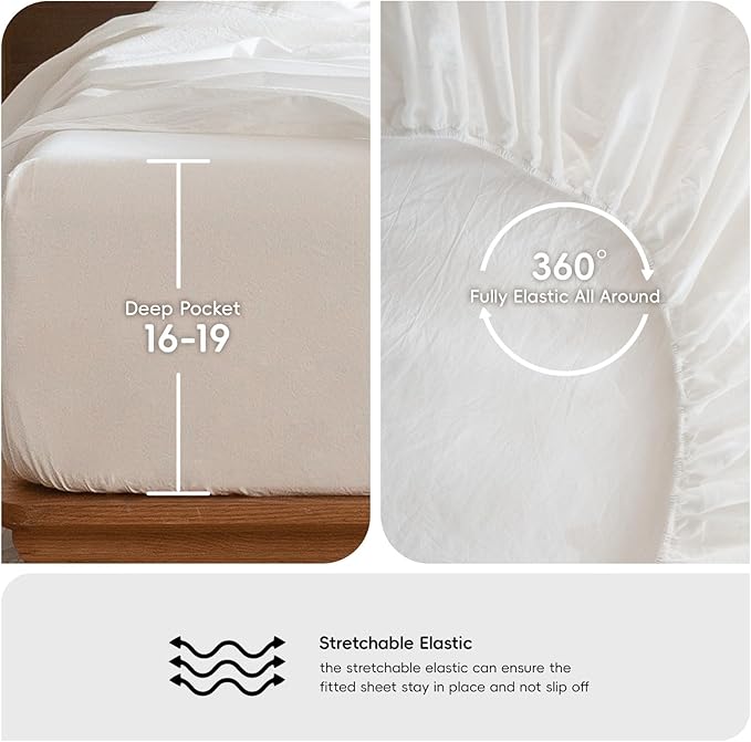 MooMee Bedding Sheet Set 100% Washed Cotton Linen Like Textured Breathable Durable Soft Comfy (Solid Off White, King)