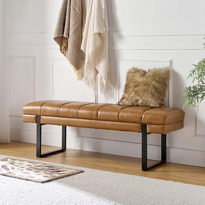 HULALA HOME 53" Faux Leather Entryway Bench, Button Tufted End of Bed Bench Ottoman for Bedroom, Living Room with Metal Base,Camel