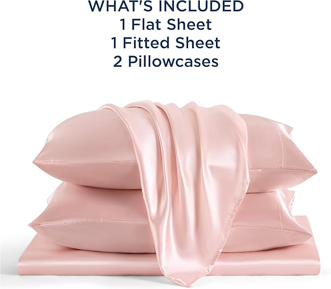 Bedsure Pink Satin Sheets Queen Size - 4 Piece Silky Bedsheets with 15 Inches Deep Pocket Fitted Bedsheet,1 Flat Sheet, 2 Satin Pillowcases, Good for Hair & Skin (Queen, Pink)