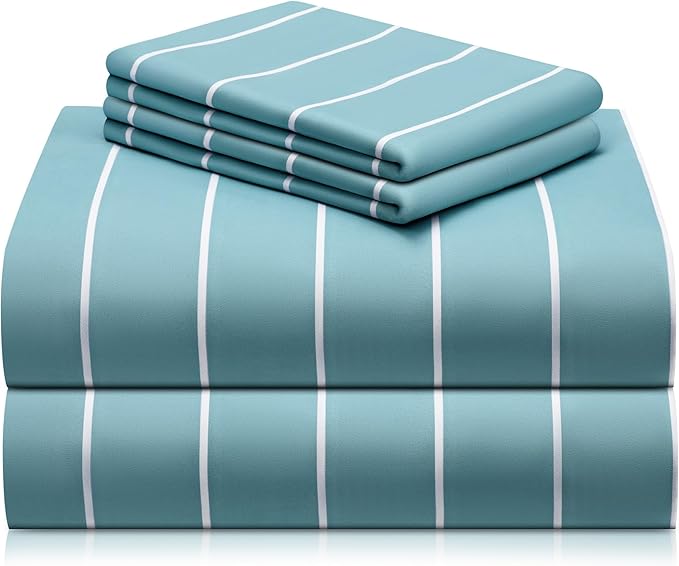 LuxClub 4 PC Full Sheet Set, Deep Pockets Wrinkle Free Cooling Bed Sheets Hotel Bedding for Women, Men, Includes 1 Fitted Sheet, 1 Flat Sheet and 2 Pillowcases-Striped - Light Blue