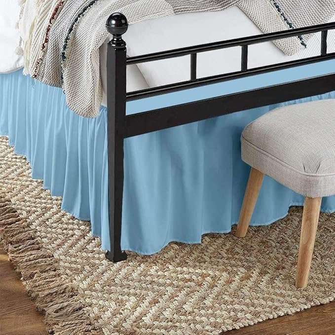 Light Blue Solid Ruffled Bed Skirt Full-XL-12 Inch Drop Split Corner, Microfiber Bedskirt with Platform Three Sided Coverage